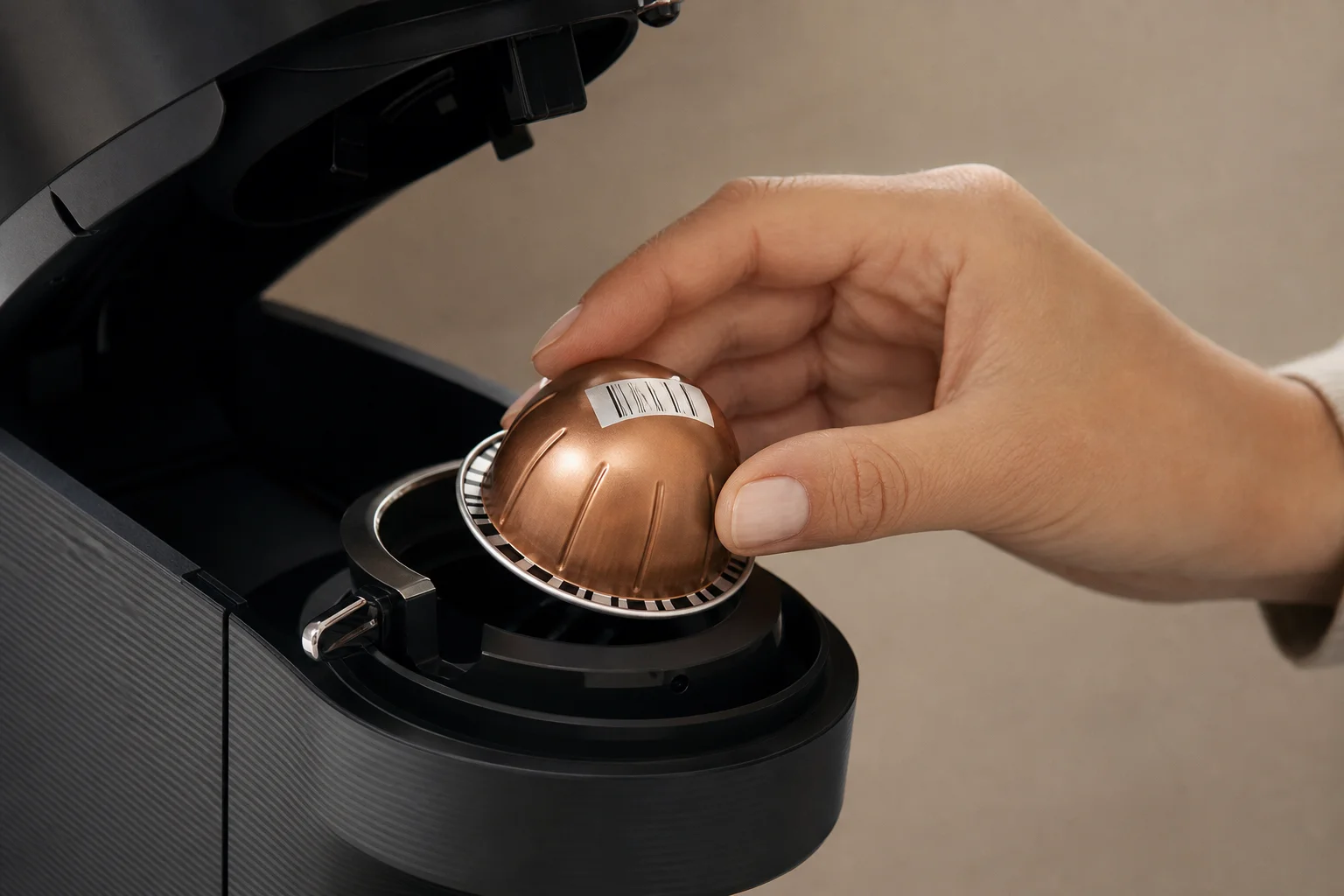 Close-up of Nespresso Vertuo pod with barcode being inserted into machine chamber