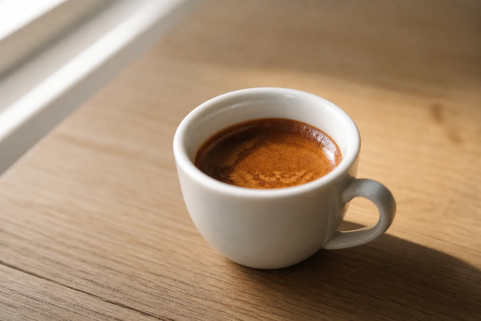 Freshly brewed espresso shot in white cup with rich crema