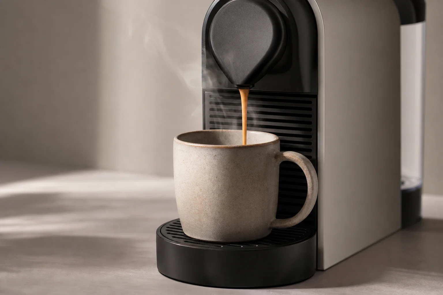 Hot coffee being dispensed into ceramic mug from Nespresso machine