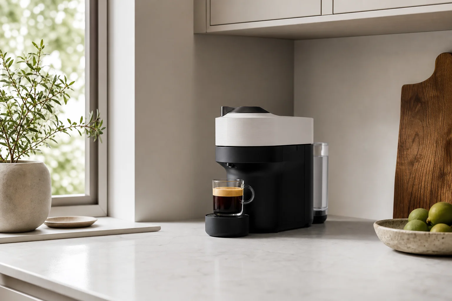 Nespresso Vertuo POP+ on kitchen countertop fitting under cabinet
