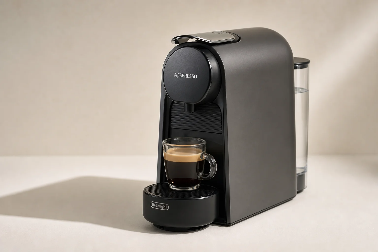 Five espresso machines arranged on concrete surface including pump and capsule models