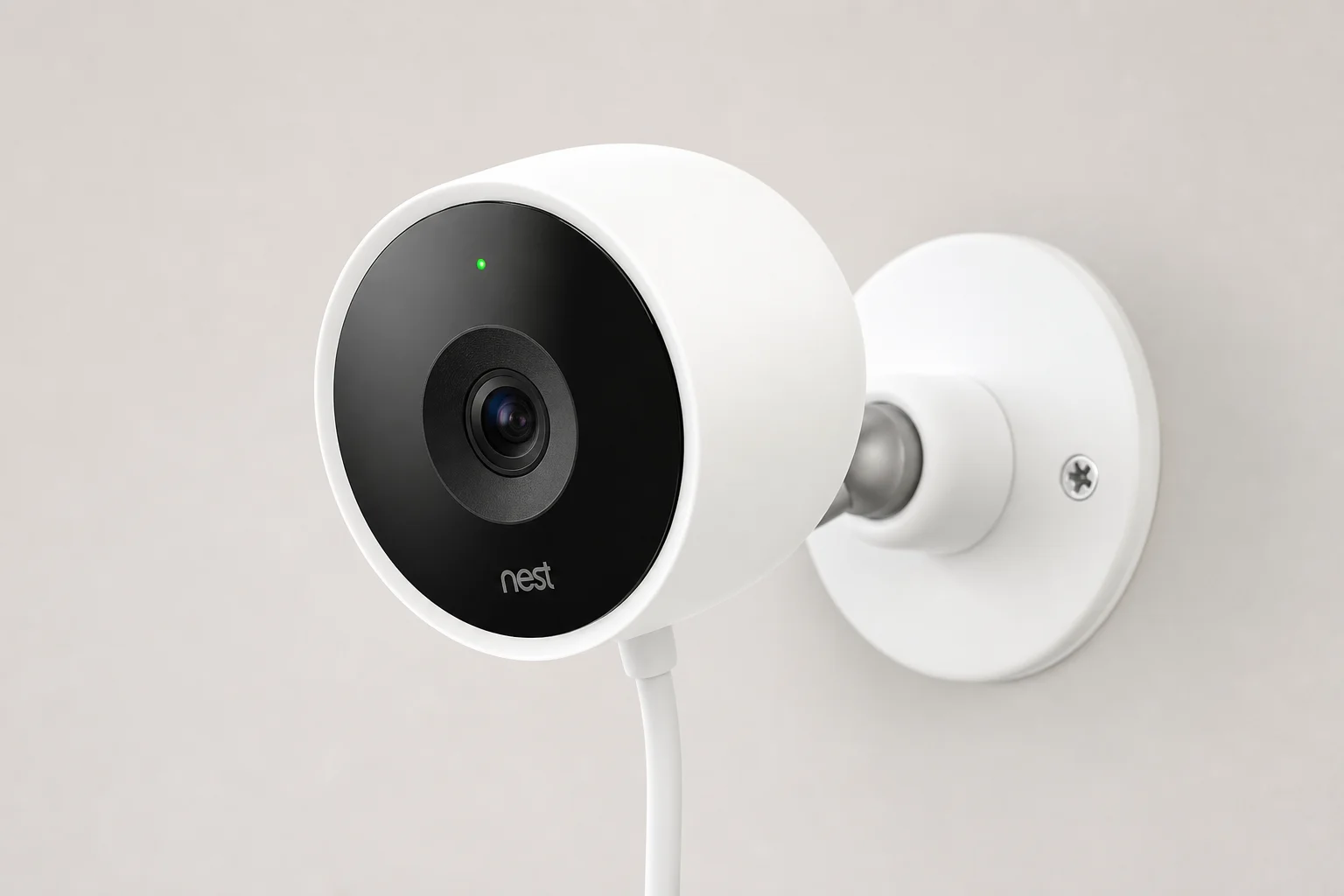 Smart home devices including thermostat, doorbell, lock, bulb, and hub on concrete