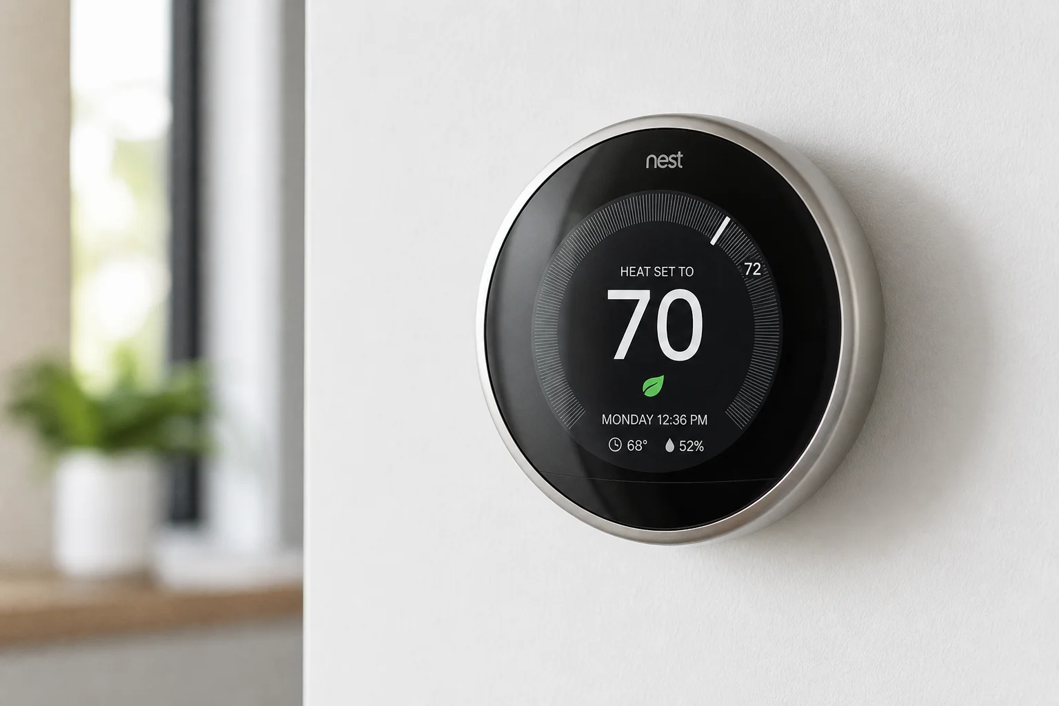 Smart home devices including hub, streaming device, thermostat, lock, and lights on a desk