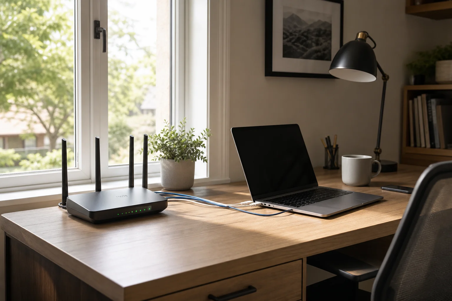 Home office desk with router near window and natural daylight