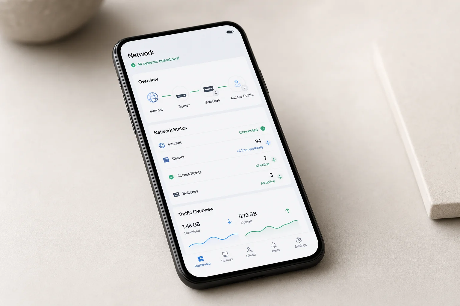 Smartphone displaying router management app on neutral surface