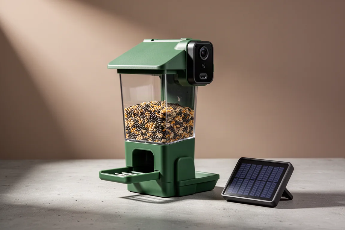 Netview Bird 5 smart bird feeder cam with solar panel on concrete surface