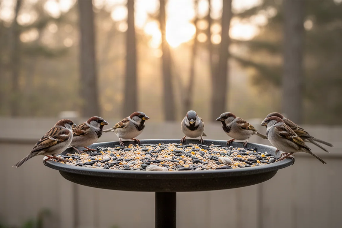 Oiseaux chanteurs perchés sur une mangeoire de jardin dans une douce lumière matinale