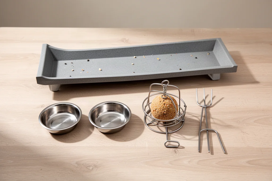 Accessoires d'alimentation modulaires disposés sur une table en bois