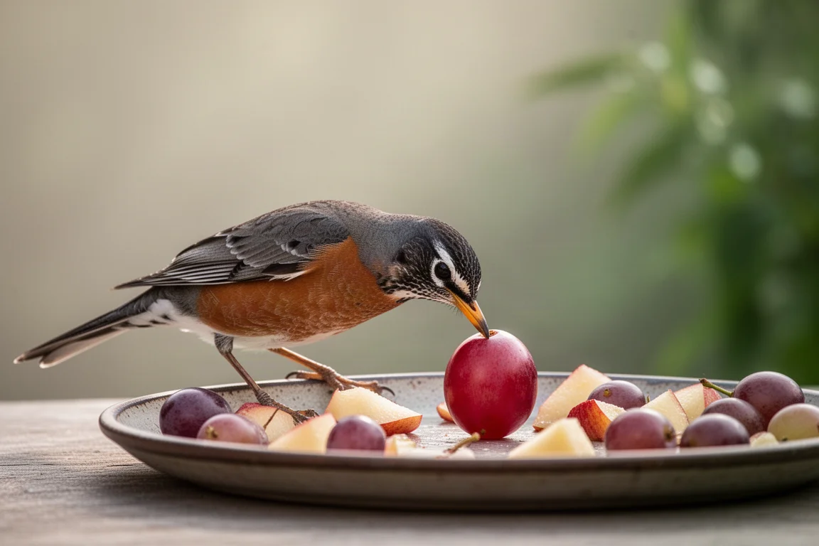 Une grive d'Amérique mangeant un raisin sur le plateau d'une mangeoire