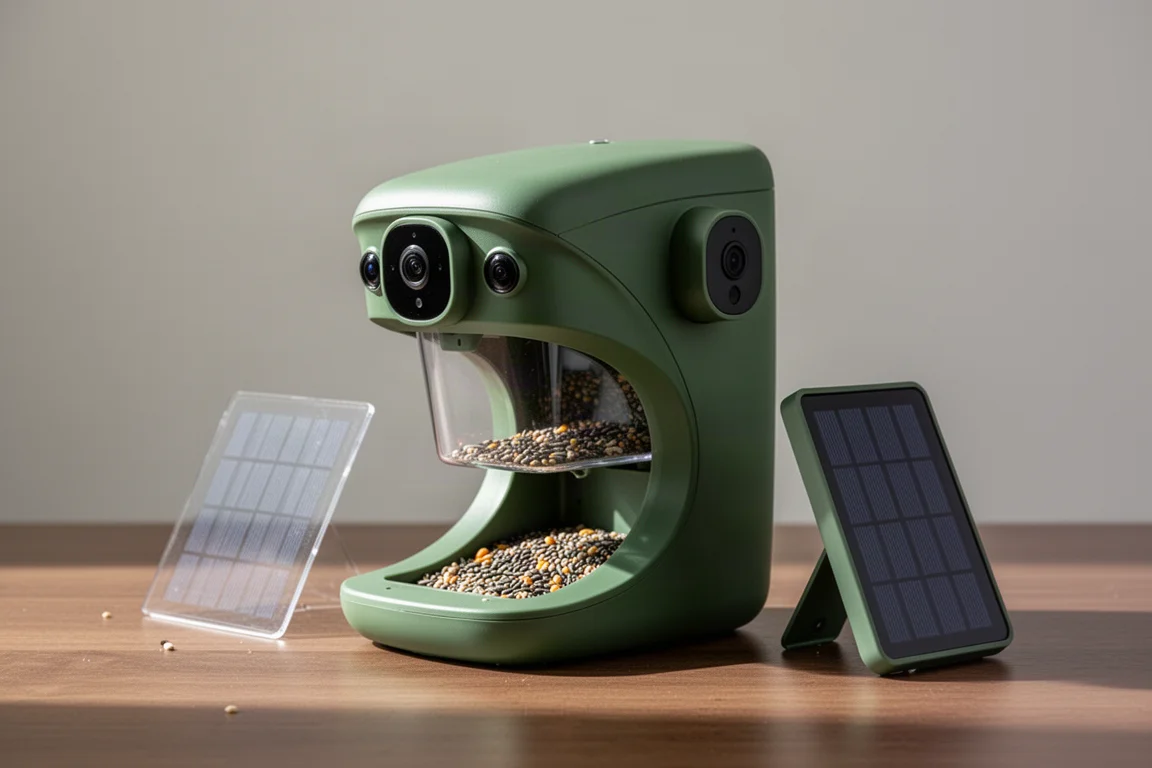 Mangiatoie intelligente verde a doppia camera su una superficie in legno con un piccolo pannello solare nelle vicinanze