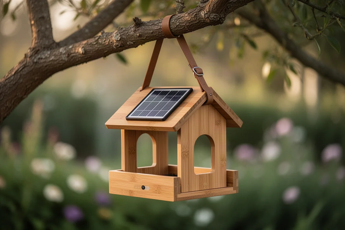 Mangiatoie intelligente per uccelli in bamboo appesa a un albero con un pannello solare sul tetto
