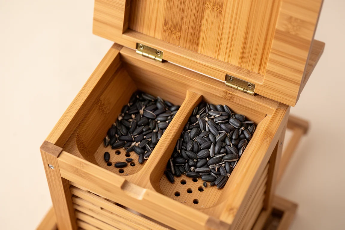 Tetto aperto della mangiatoie in bamboo che rivela due vaschette profonde piene di semi di girasole