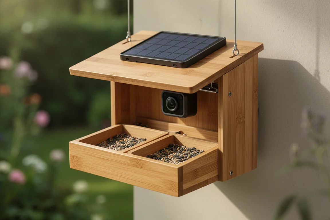 Bamboo smart bird feeder with open roof, seed troughs, camera module and solar panel