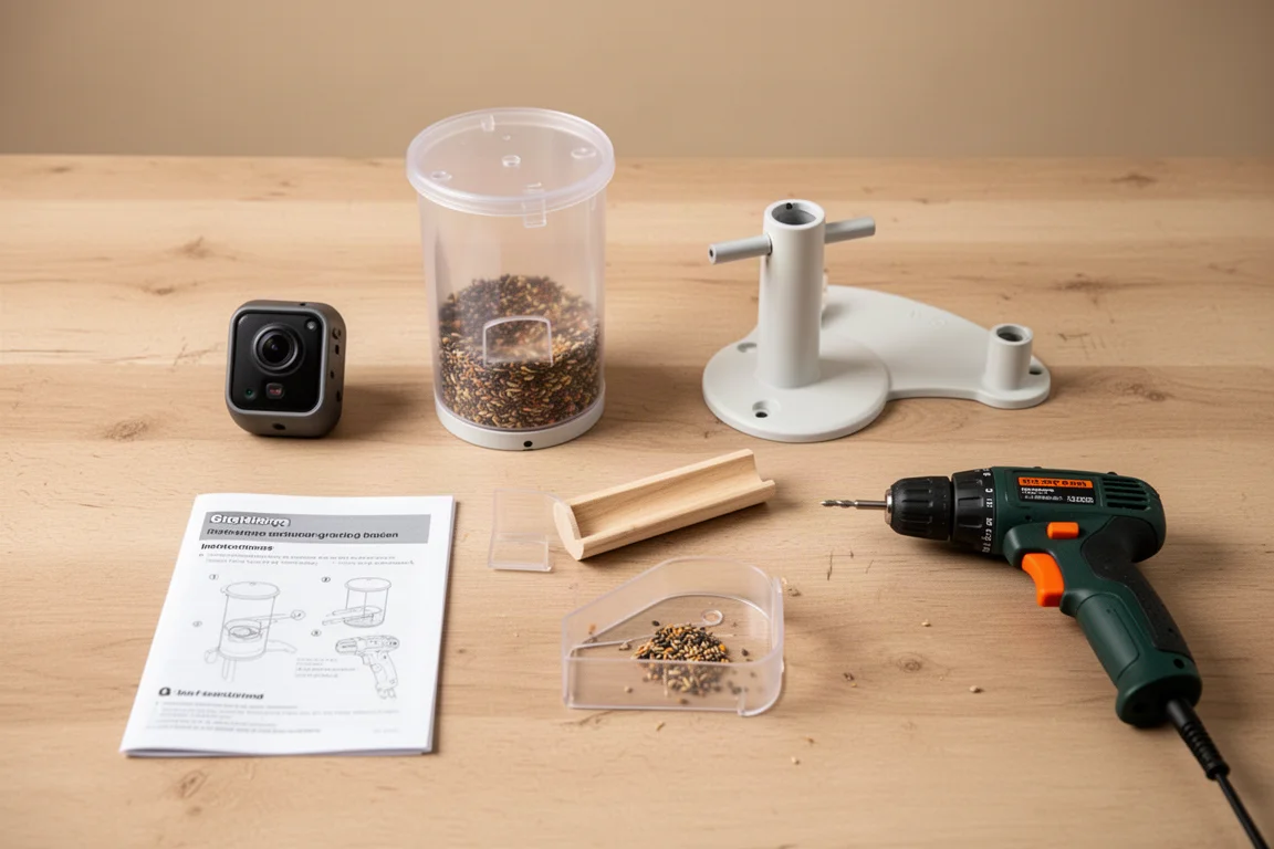 Ausgepackte Komponenten des Smart-Vogelfutterhauses auf einem Holztisch