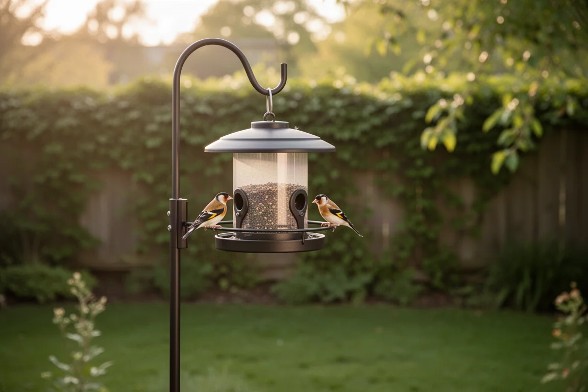 Smart-Vogelfutterhaus an einem Pfahl in einem sonnigen Garten montiert