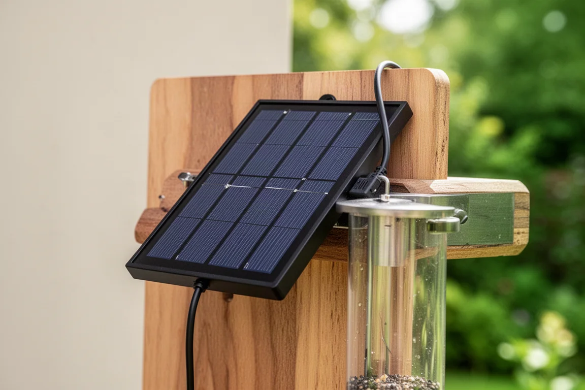 Solarmodul auf der Rückseite einer Montageplatte hinter einem Vogelfutterhaus montiert