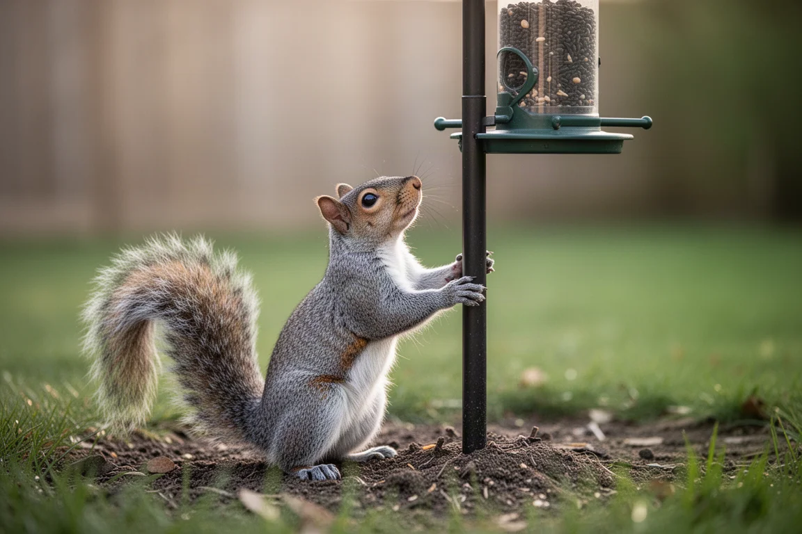 Eichhörnchen nahe am Mast eines Vogelfutterhauses in einem Garten