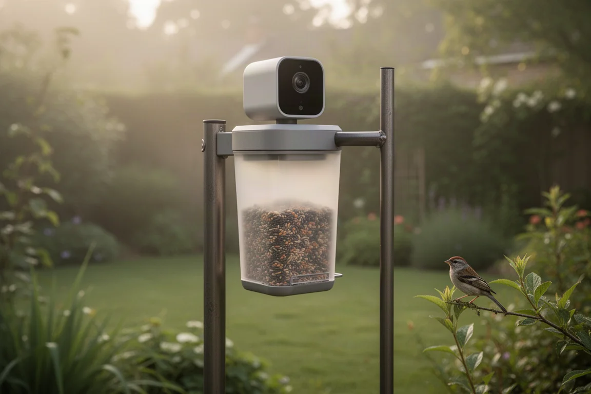 Smart bird feeder with camera mounted on a pole in a green backyard