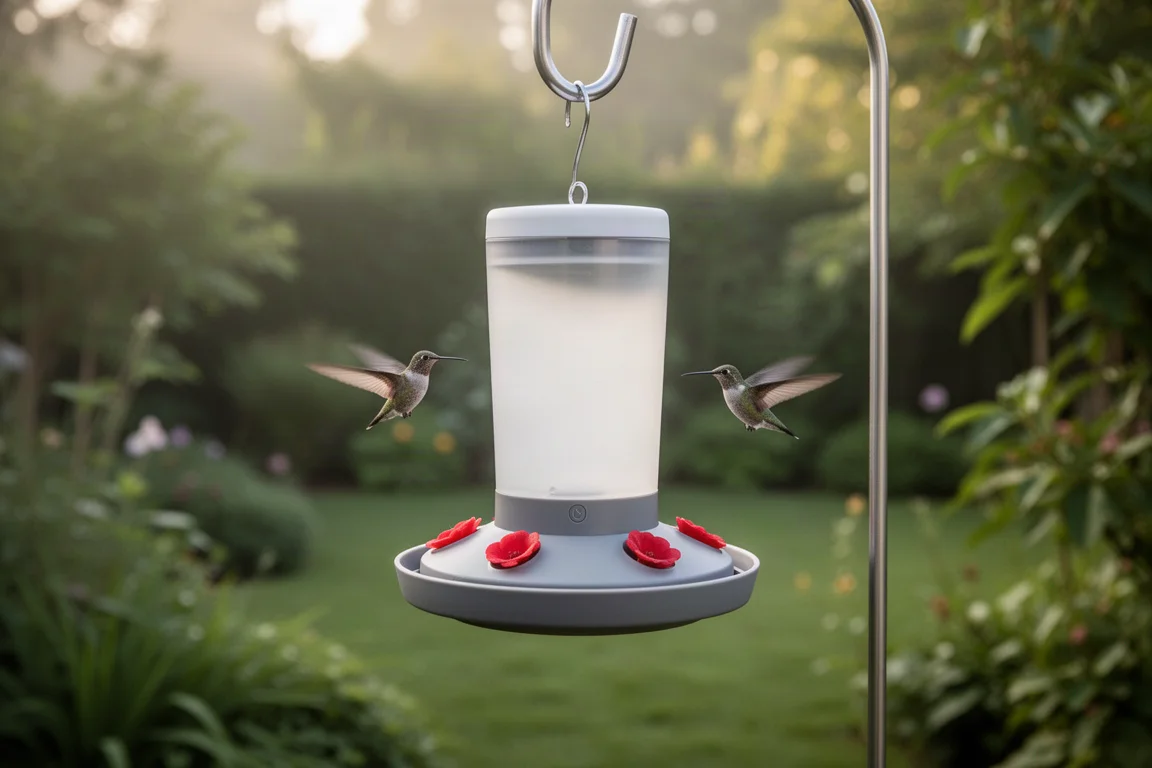 Comedero inteligente para colibríes colgado en un jardín verde del patio trasero