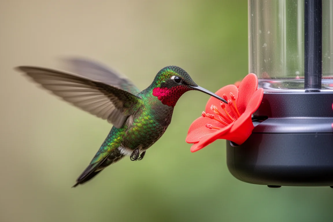 Colibrí rubí alimentándose en primer plano en un puerto del comedero