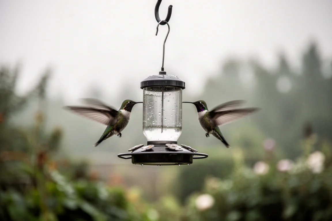 Comedero balanceándose con el viento y fondo de jardín desenfocado