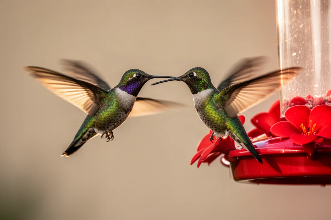 Vista de la cámara del comedero con dos colibríes interactuando en los puertos