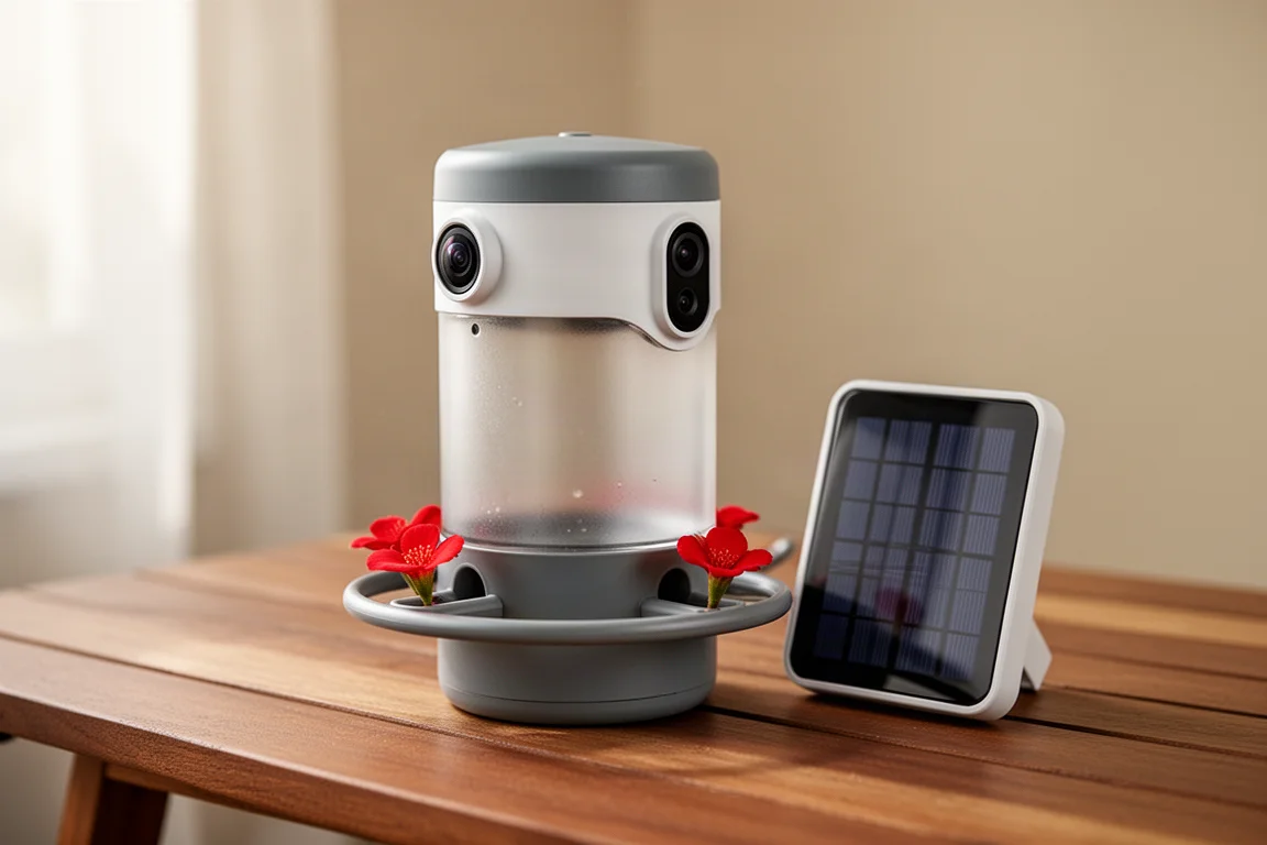 Inteligentny karmnik dla kolibrów Netvue Birdfy Hum z podwójną kamerą i panelem solarnym na drewnianym stole