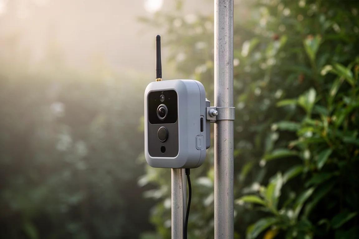Módulo de cámara de comedero inteligente para aves con antena montado en un mástil de jardín