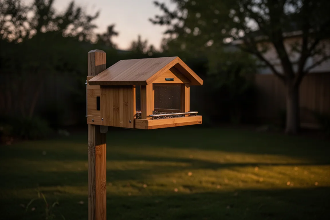 Comedero inteligente para aves montado en un mástil en un jardín al atardecer