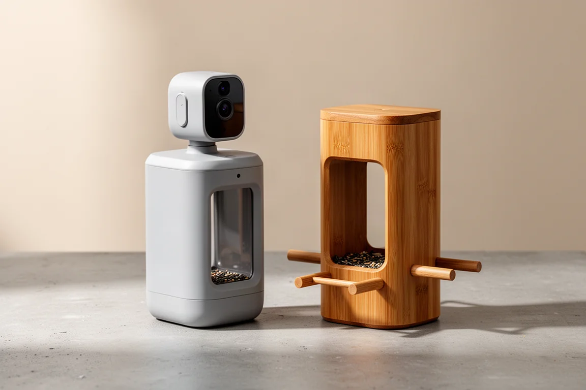 Two Netvue Birdfy smart bird feeders, one plastic and one bamboo, side by side