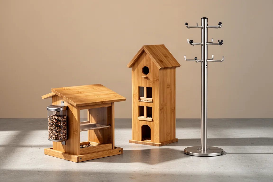 NetVue bamboo smart feeder, tall birdhouse, and feeding station pole arranged on concrete