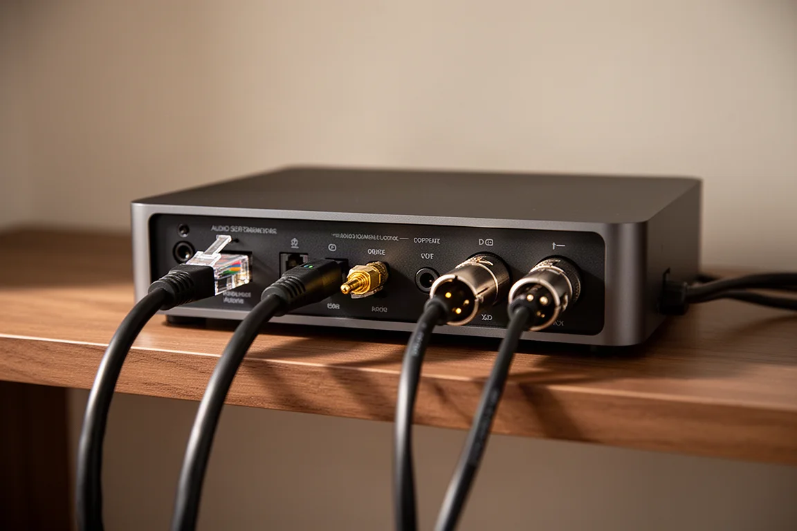 Baksidan av en smal audiostreamer med Ethernet-, optiska och XLR-kablar anslutna