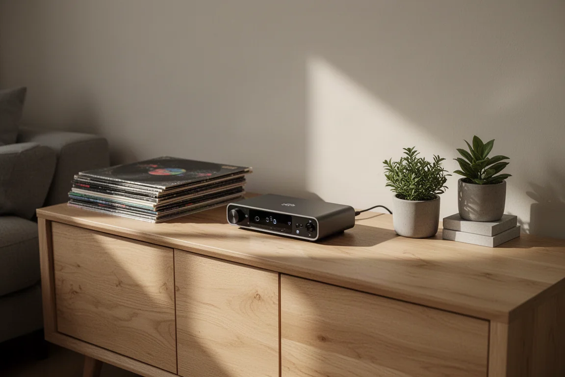 Kompakt streamer på en sideboard bredvid en liten hög skivor i eftermiddagsljus