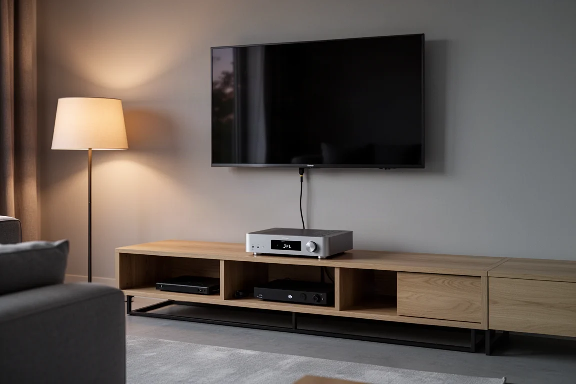 Hi-fi-rack i vardagsrummet med en smal förstärkare och en HDMI-kabel till en väggmonterad TV