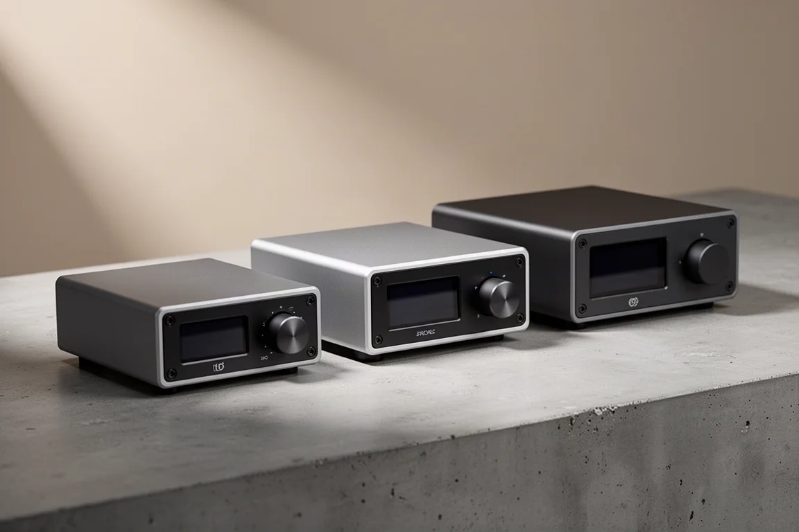 Three compact aluminium network streamer and DAC units arranged in a row on a concrete surface