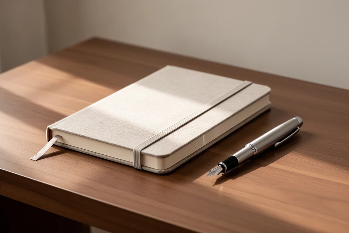 Handmade notebook with elastic closure resting on a wooden desk beside a fountain pen