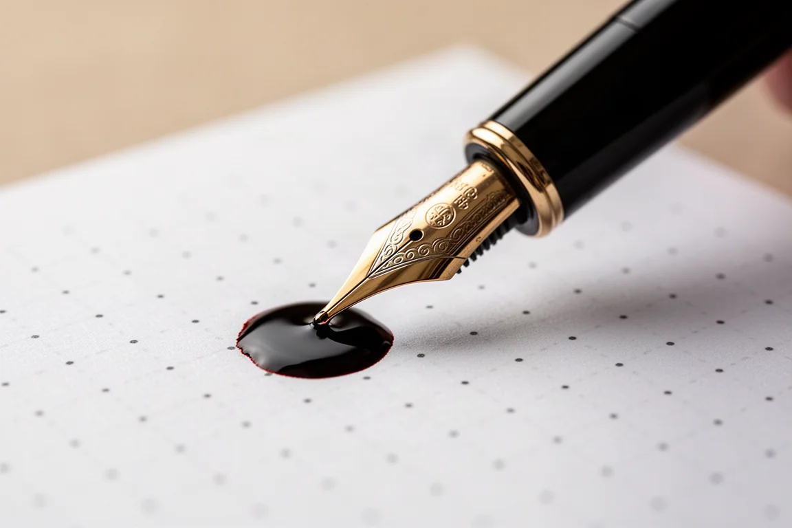 Fountain pen writing on thick dot grid paper with rich ink saturation