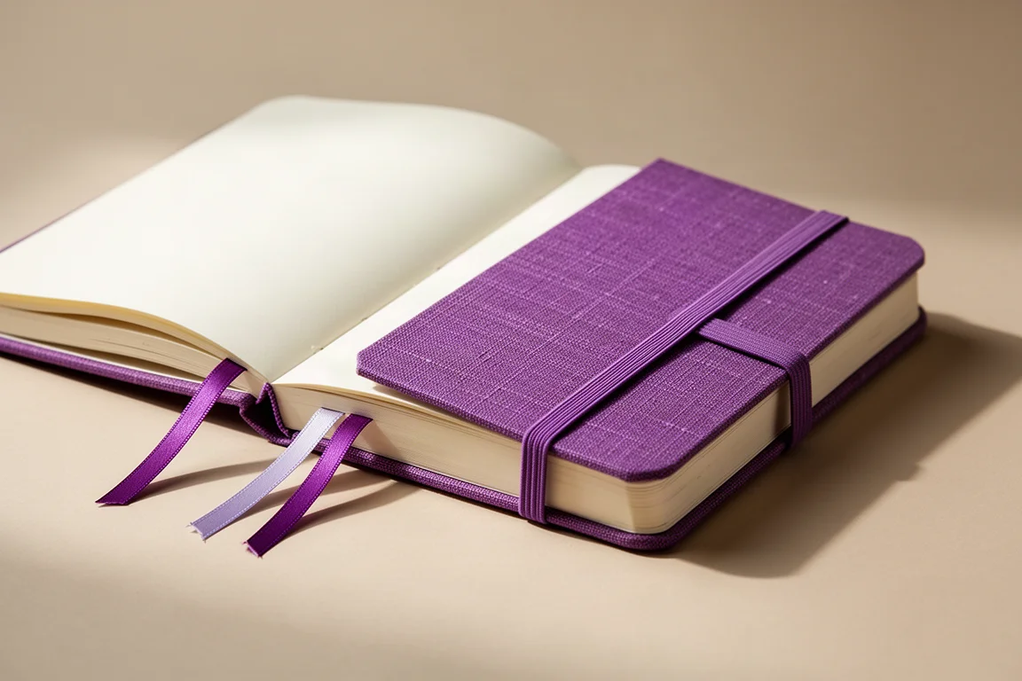 Open notebook with ribbon bookmarks and elastic closure detail on linen cover