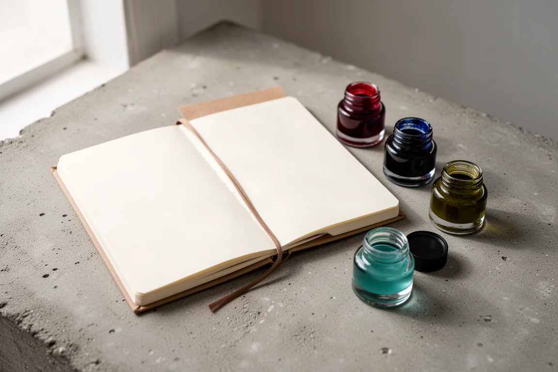 Notebook on a desk beside four small glass ink bottles in different colors