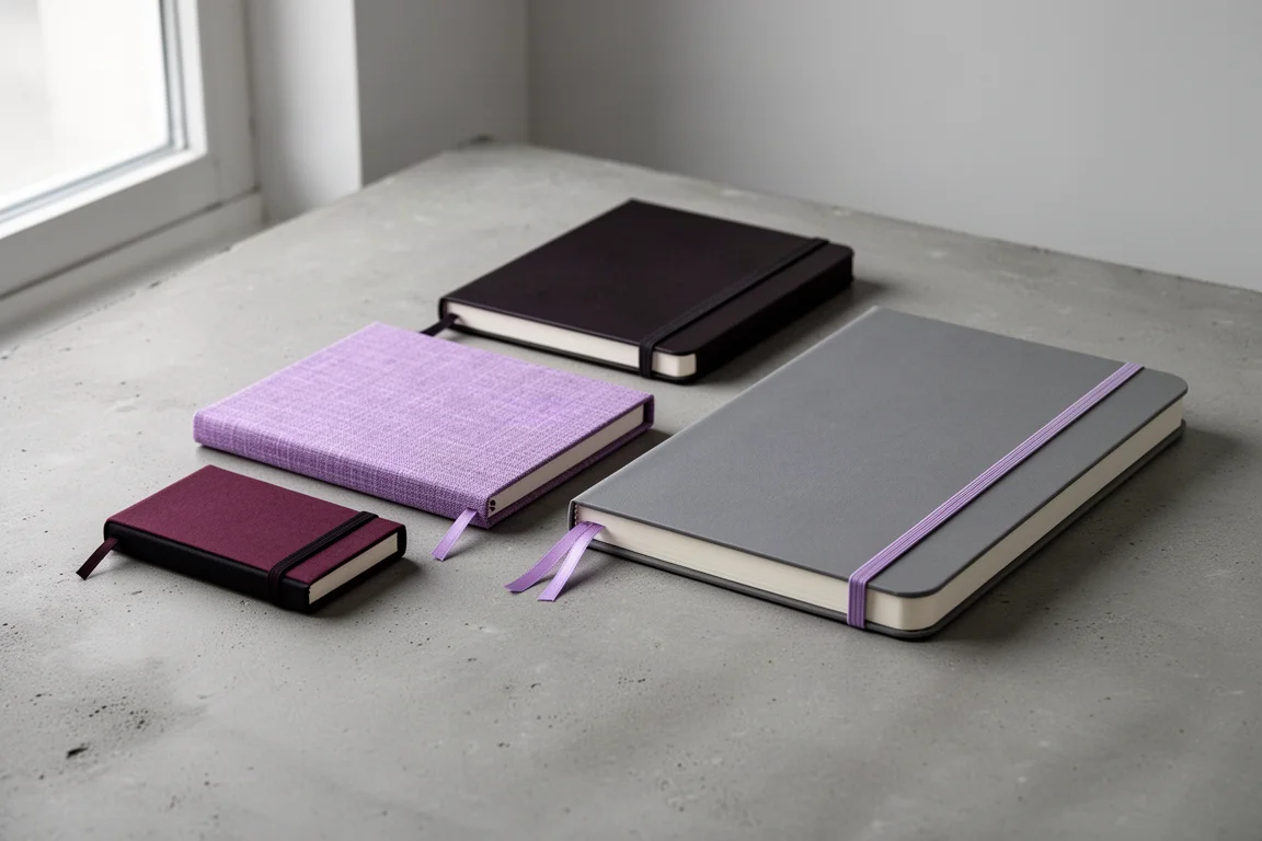 Four handmade hardcover notebooks in different colors arranged on a concrete surface