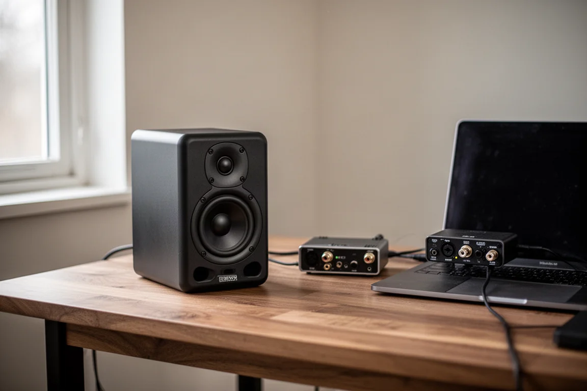Compacte zwarte studiomonitor op een bureau naast een laptop en audio-interface