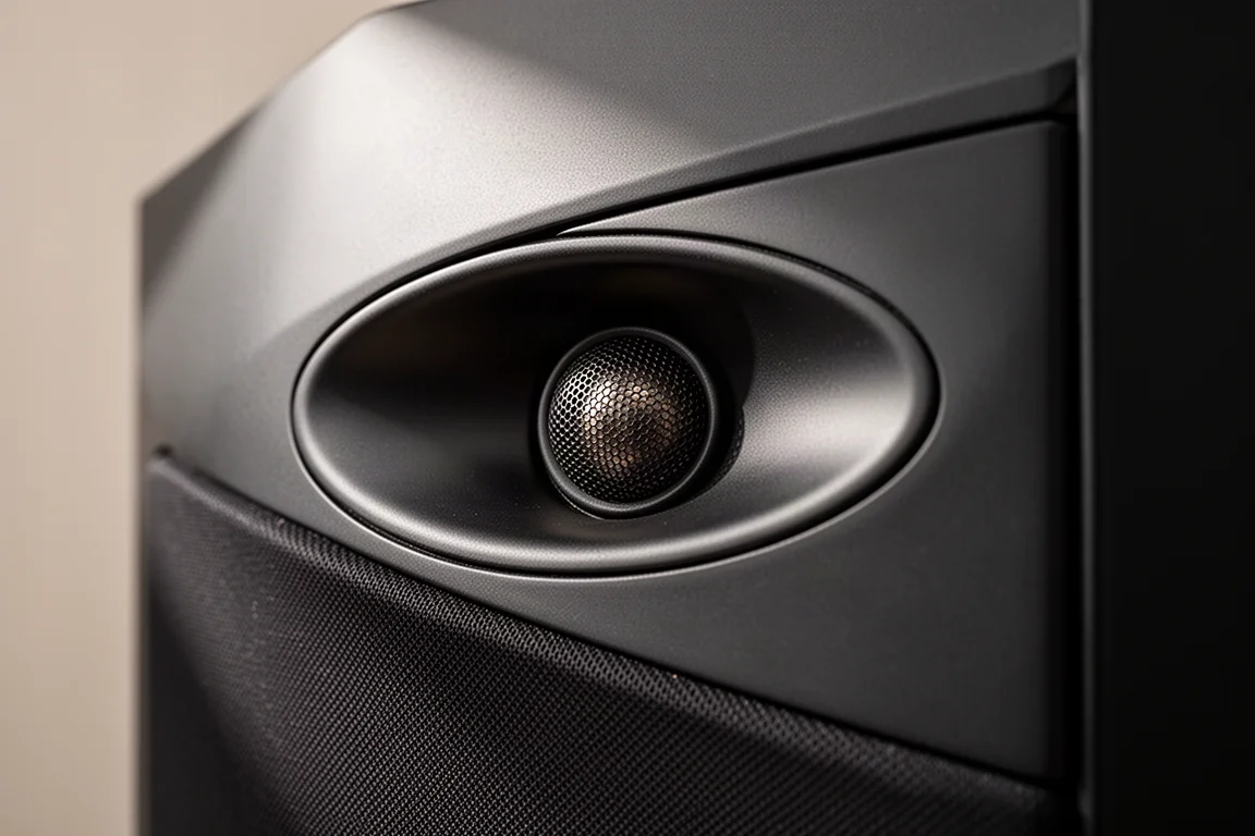 Close-up van een one-inch tweeter in een elliptische waveguide