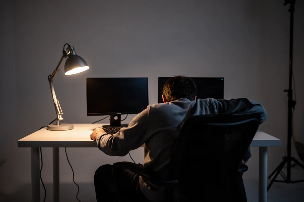 Persoon die 's nachts onderuitgezakt in een stoel voor kleine studiomonitors zit