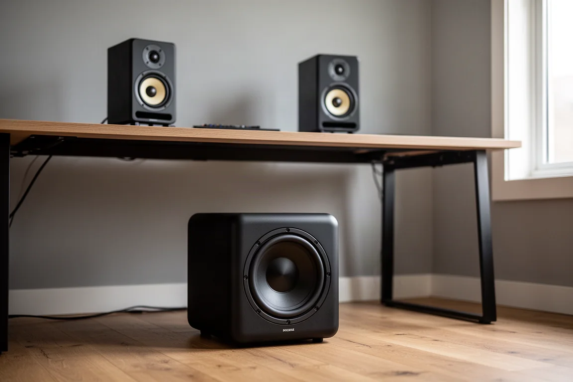 Compacte subwoofer op een houten vloer onder een bureau met twee kleine monitors