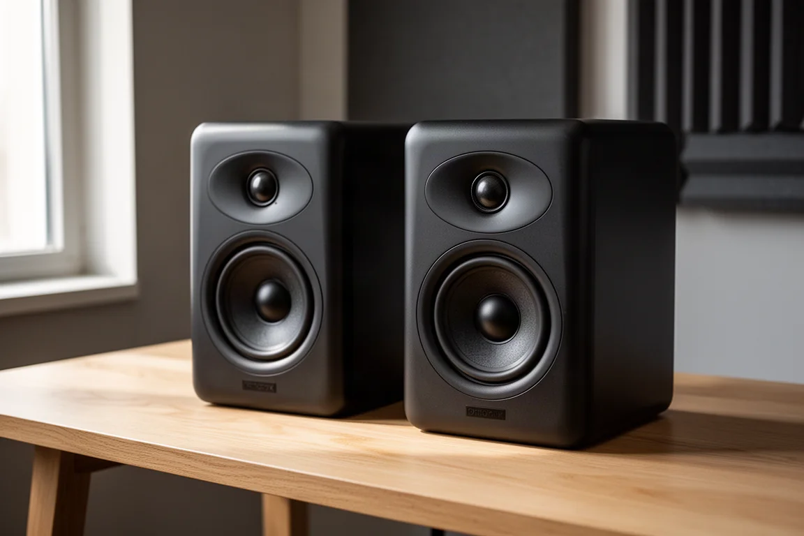 Pair of compact black two-way studio monitors on a light oak desk