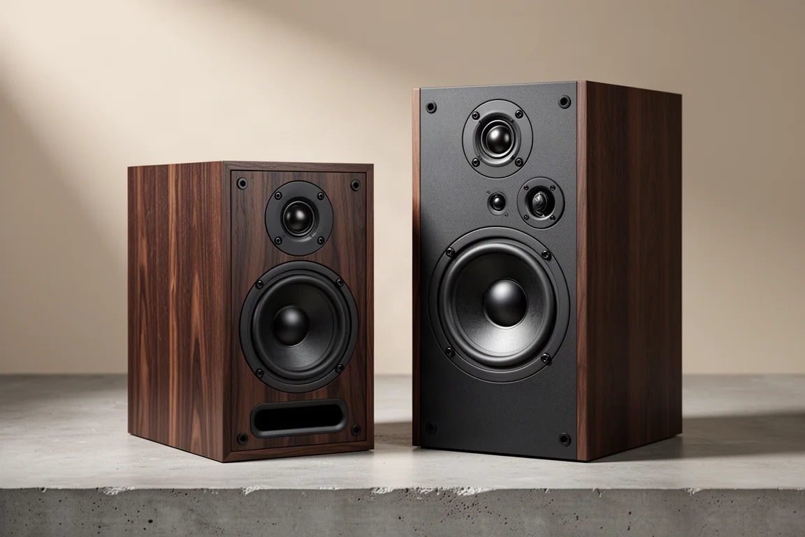 Two compact passive bookshelf speakers with grilles removed on a concrete surface