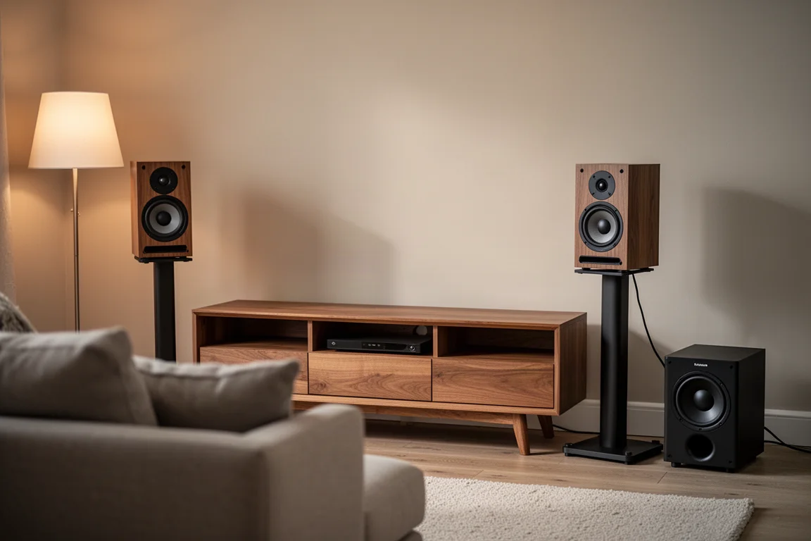 Kleines Zwei-Kanal-Lautsprecher-Setup in einer gemütlichen Wohnstube mit einem Subwoofer auf dem Boden