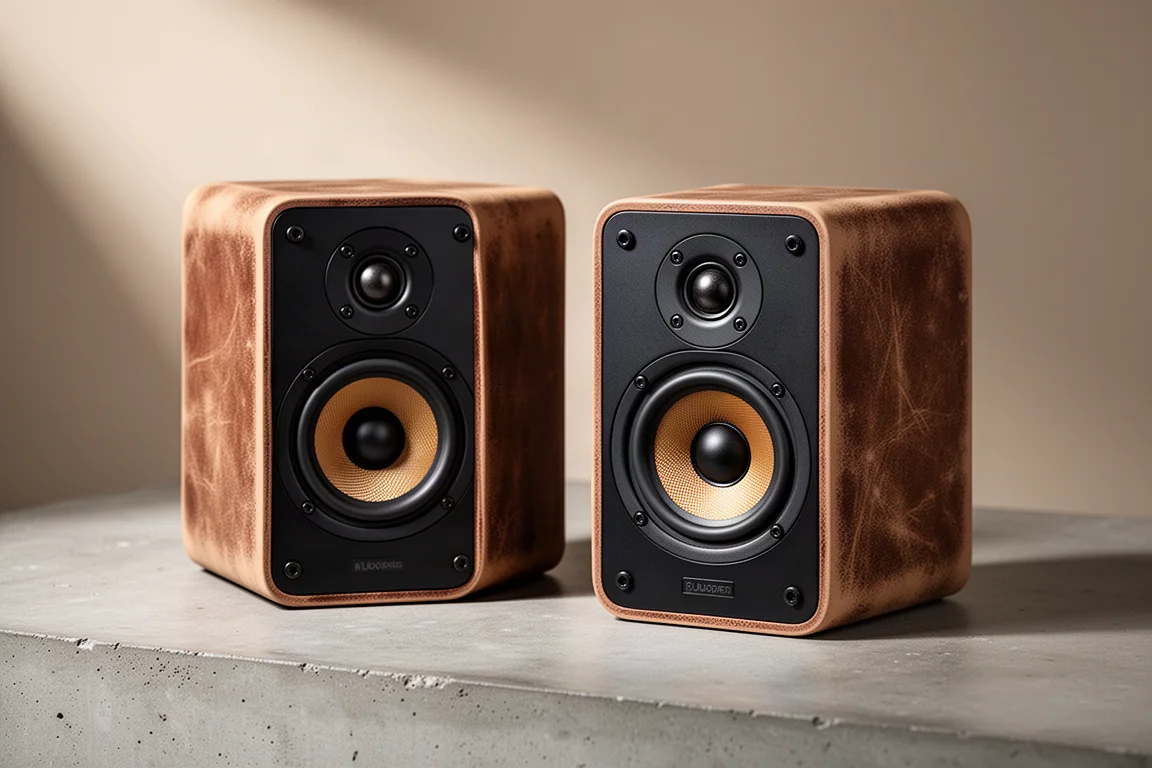 Pair of compact bookshelf speakers with brown vinyl wrap on a concrete surface
