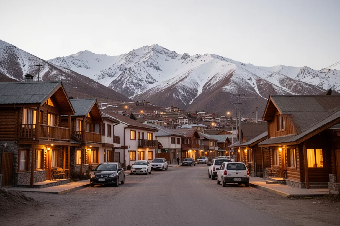 Kleine Straße in einem Skidorf in der Abenddämmerung mit Restaurants, Bars und Bergblick