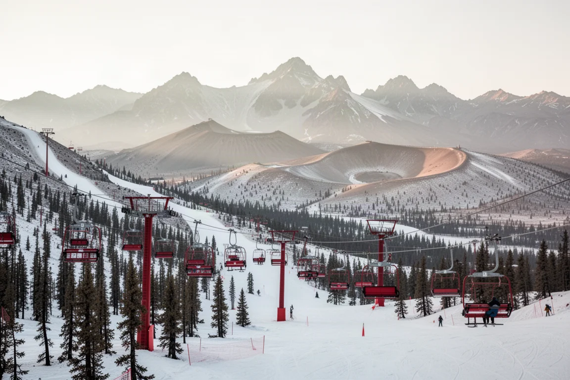 Red chairlifts ascending through snowy volcanic mountain terrain in central Chile